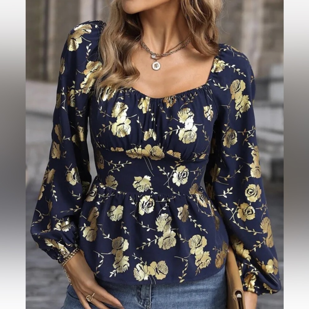 SHEIN Floral Print Sweetheart Neck Lantern Sleeve Peplum Blouse Size Large
